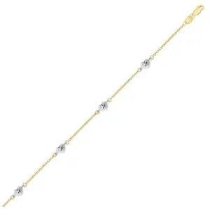 14k Two Tone Gold Anklet with Diamond Cut Heart Style Stations, size 10''
