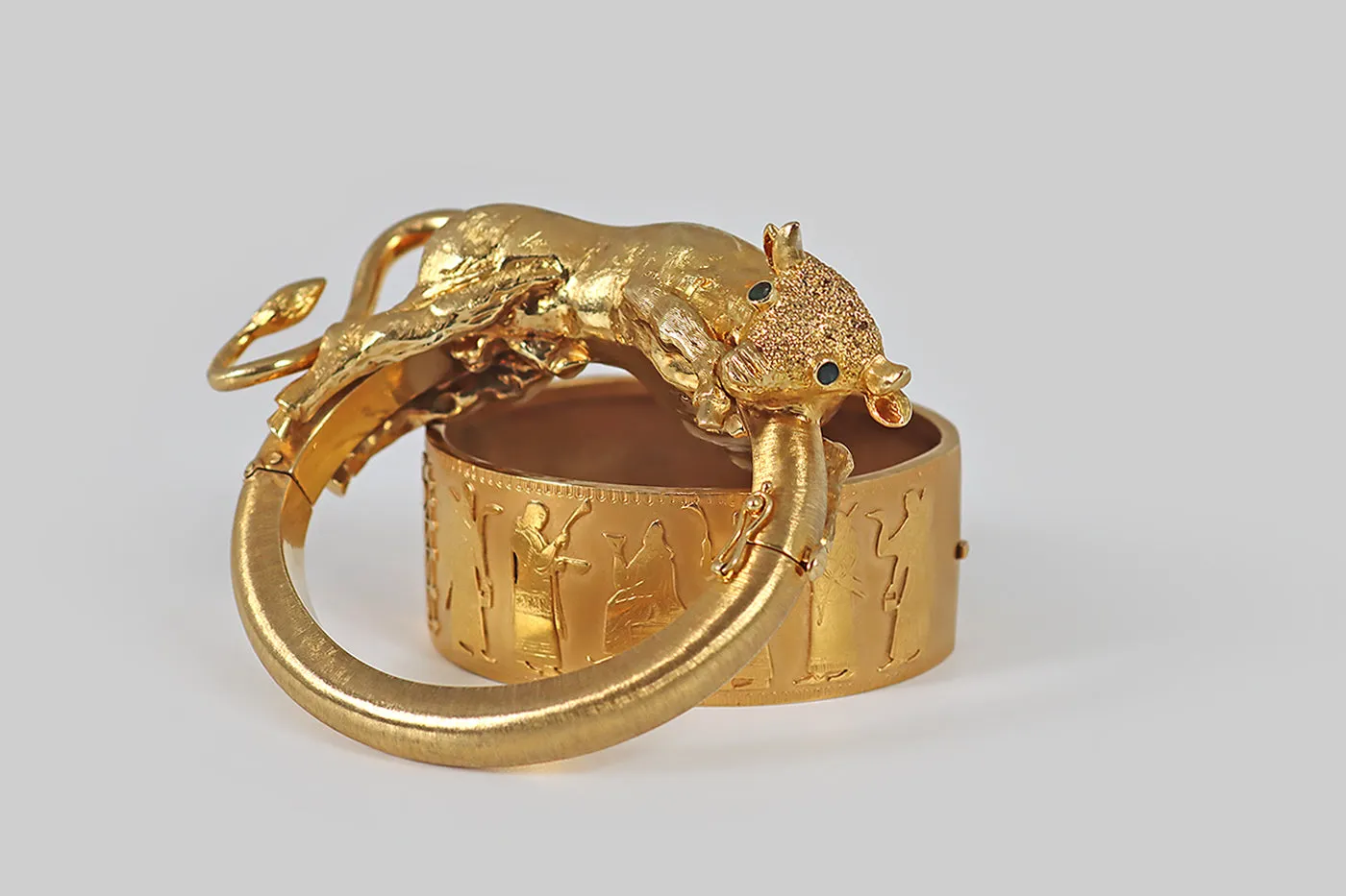 1970s Greek Hinged Bracelet with Lounging Bull