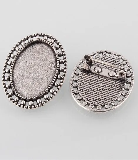 25x18mm Antique Silver Brooch Setting with Pin Back Cabochon Setting 102z
