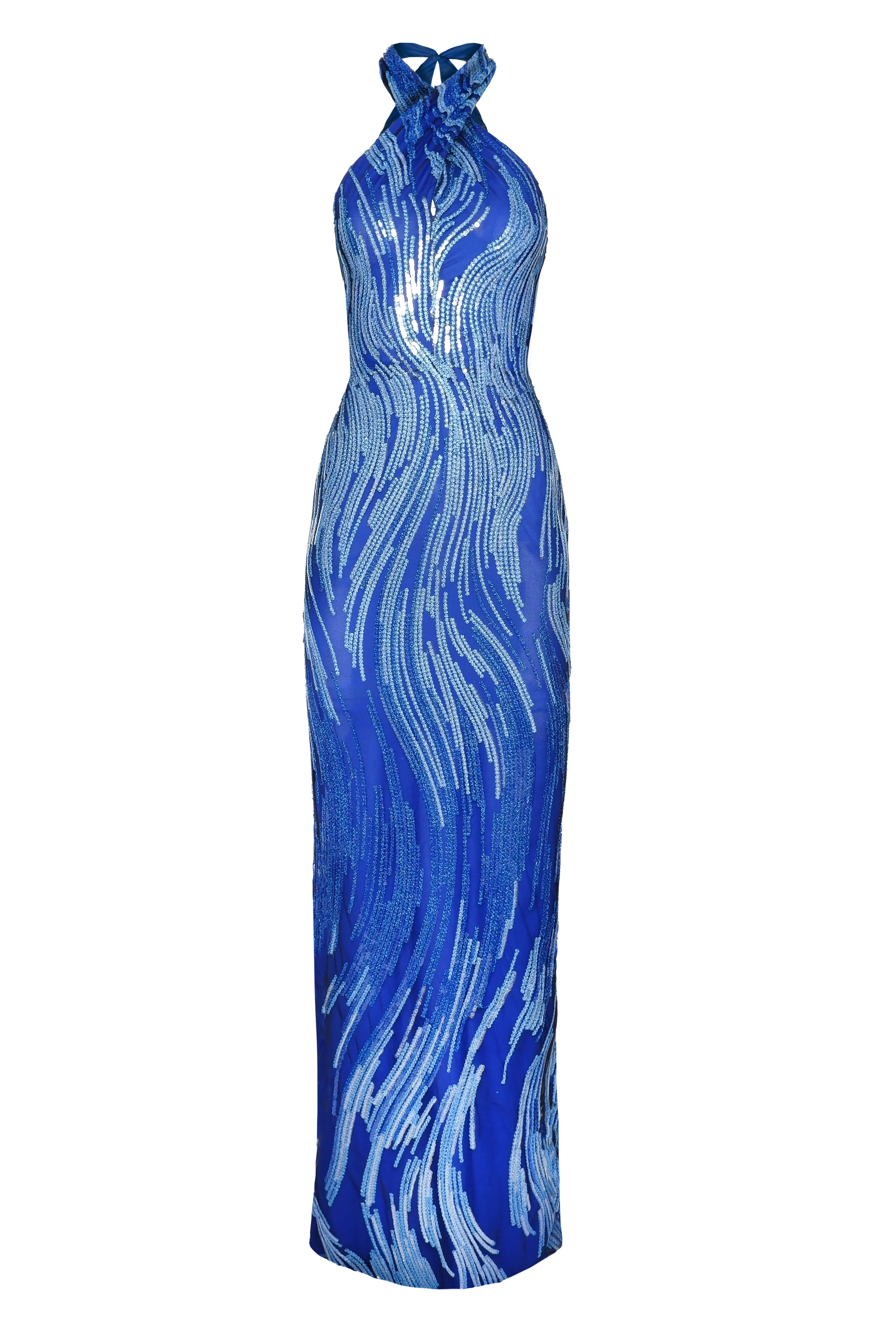 ABSTRACT SEQUIN CRISS-CROSS NECK COLUMN GOWN