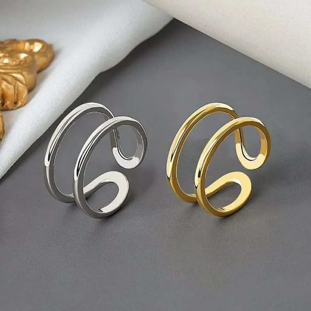 Adjustable Sterling Silver Double Layer Band Cuff Stacking Ring