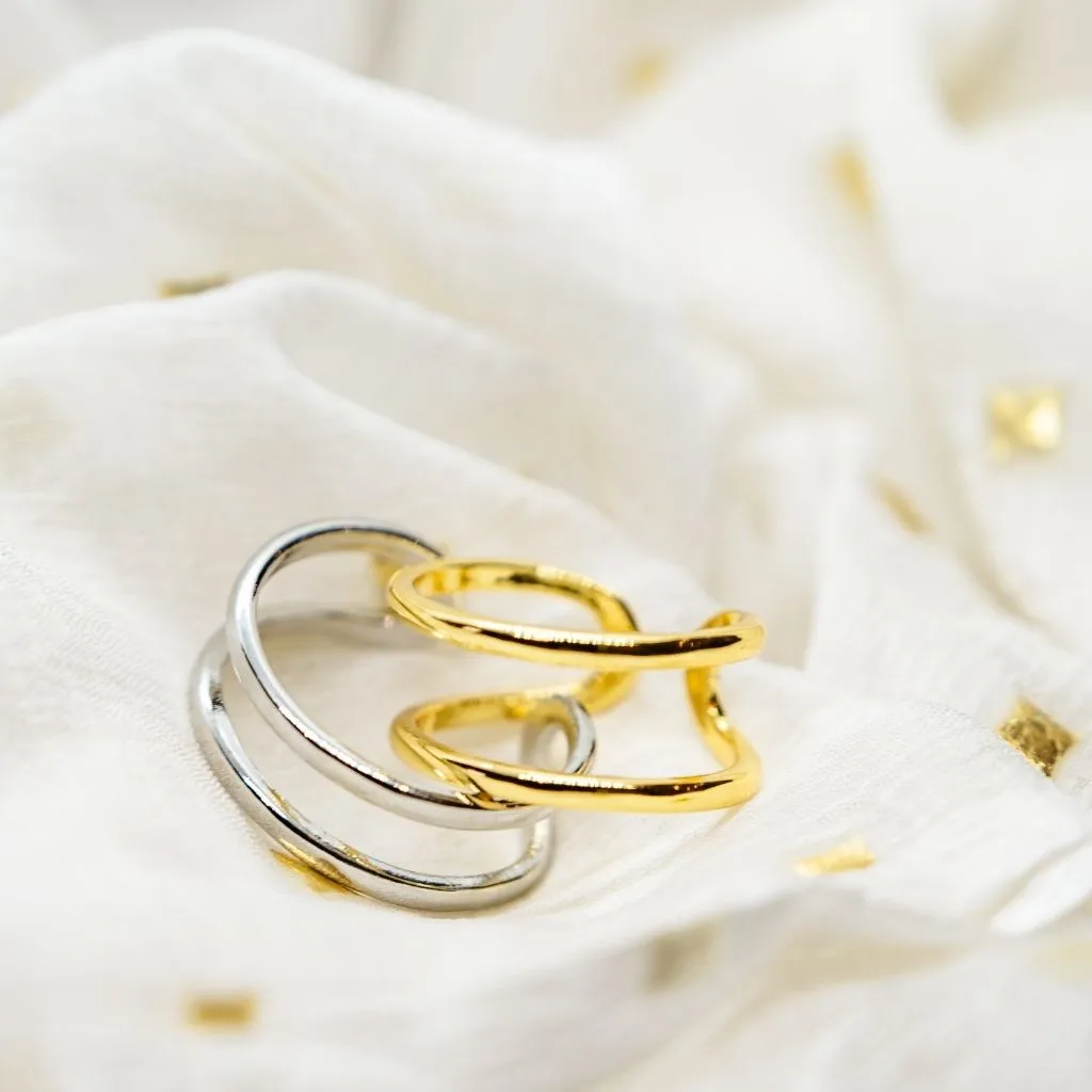 Adjustable Sterling Silver Double Layer Band Cuff Stacking Ring