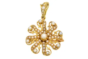 Antique 15ct Gold Pearl Flower Pendant Brooch