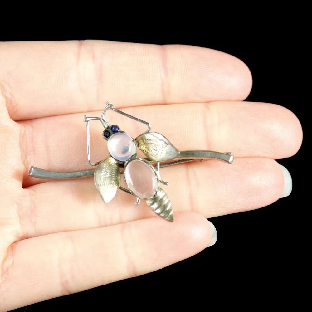Antique Victorian Moonstone Silver Insect Brooch Circa 1900