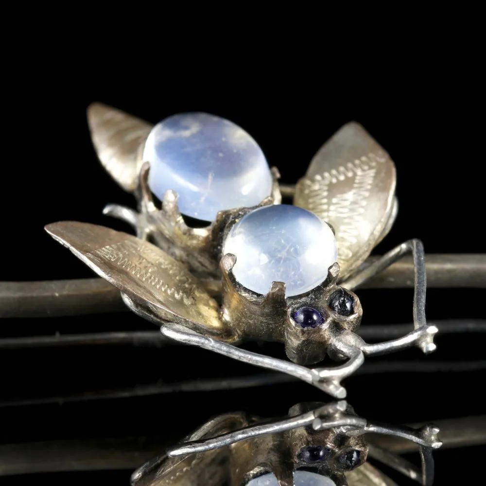 Antique Victorian Moonstone Silver Insect Brooch Circa 1900