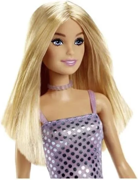 Barbie Blonde Hair Doll Wearing Lavender Metallic Mini Dress for Kids Ages 3 