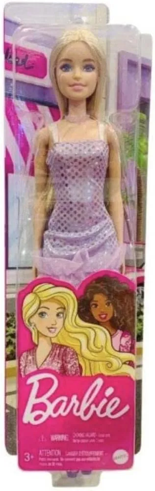Barbie Blonde Hair Doll Wearing Lavender Metallic Mini Dress for Kids Ages 3 