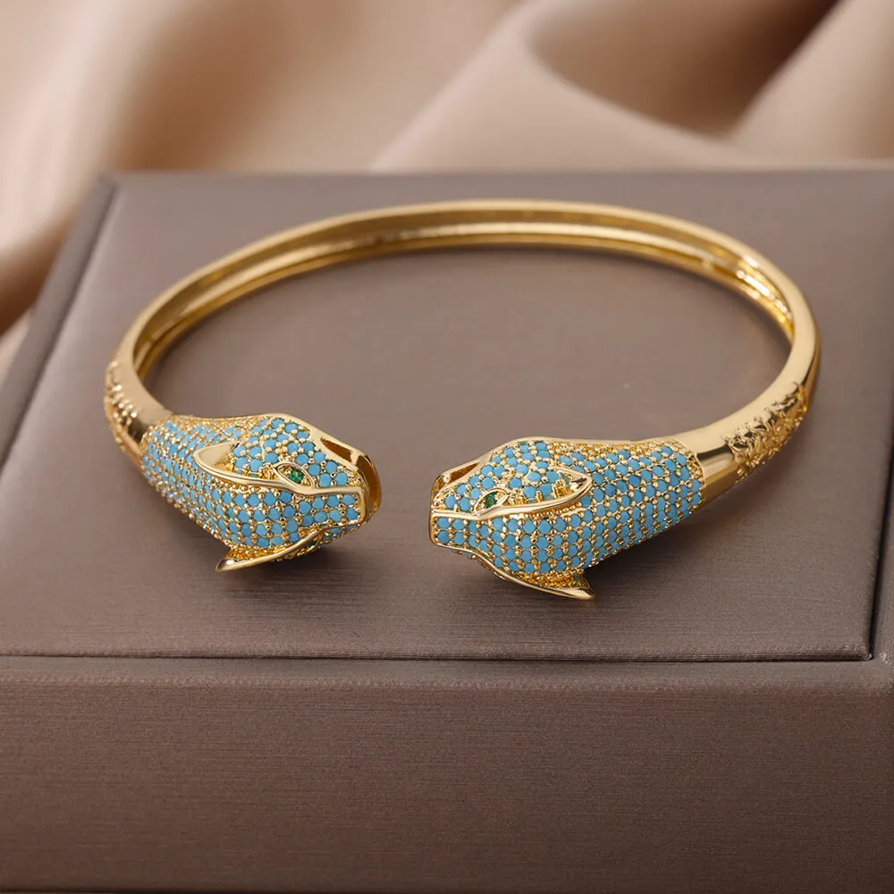 Blue Crystal Cuff Bracelet Double Leopard Design Bracelet