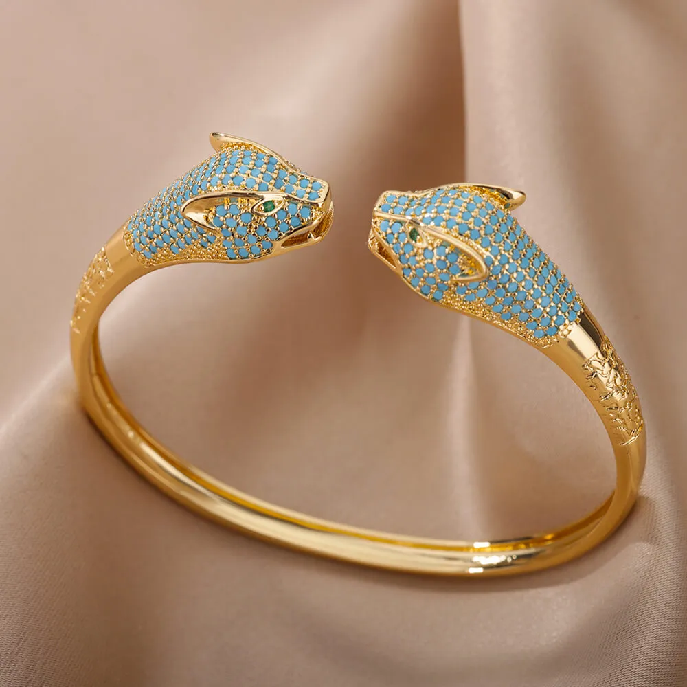 Blue Crystal Cuff Bracelet Double Leopard Design Bracelet