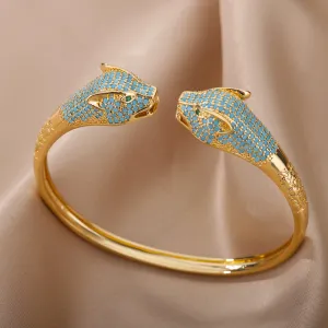 Blue Crystal Cuff Bracelet Double Leopard Design Bracelet