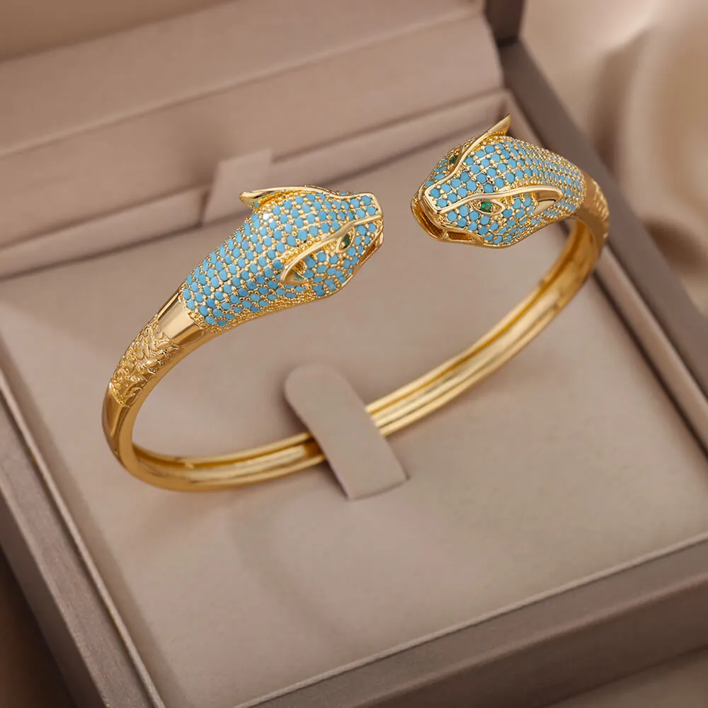 Blue Crystal Cuff Bracelet Double Leopard Design Bracelet