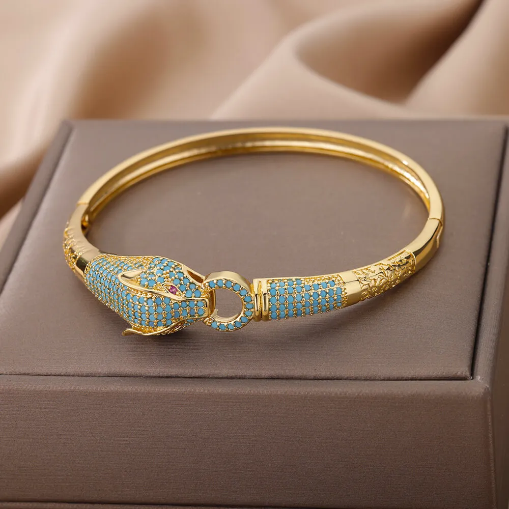 Blue Crystal Cuff Bracelet Double Leopard Design Bracelet