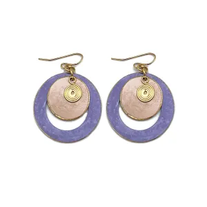 Brass Patina Earrings - Round Cut Out Purple Layers