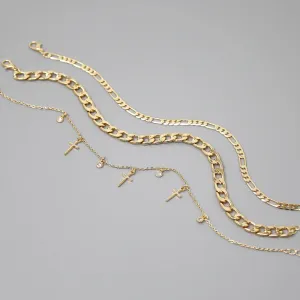 Cross Charm / Cuban Curb Link / Figaro Link Anklet Set