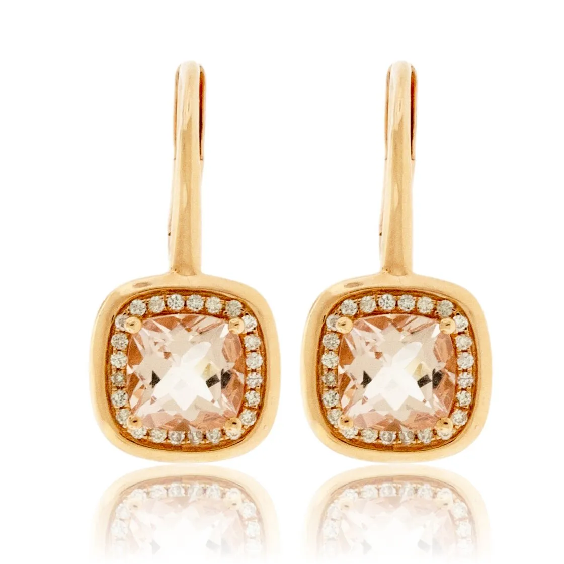 Cushion Shaped Morganite and Diamond Drop Earrings
