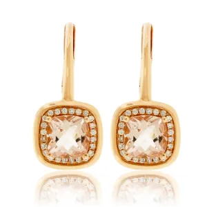 Cushion Shaped Morganite and Diamond Drop Earrings