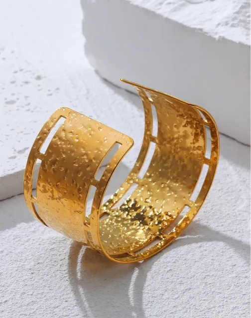 Ethnic Gold Plated Irregular Hammered Texture Cuff Bracelet