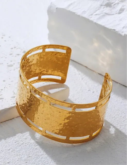 Ethnic Gold Plated Irregular Hammered Texture Cuff Bracelet