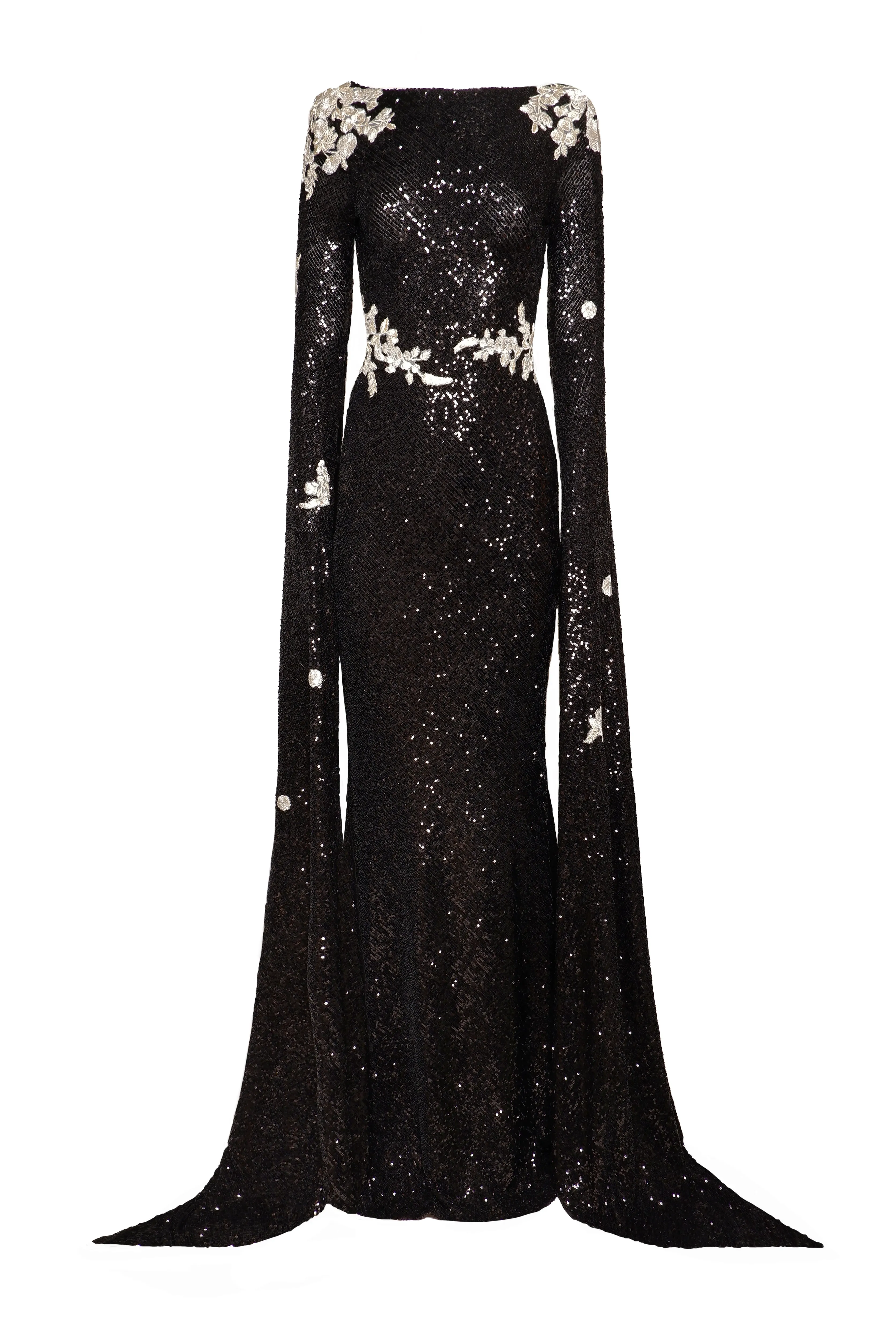 FLORAL APPLIQUE STRETCH SEQUIN CASCADING SLEEVE GOWN