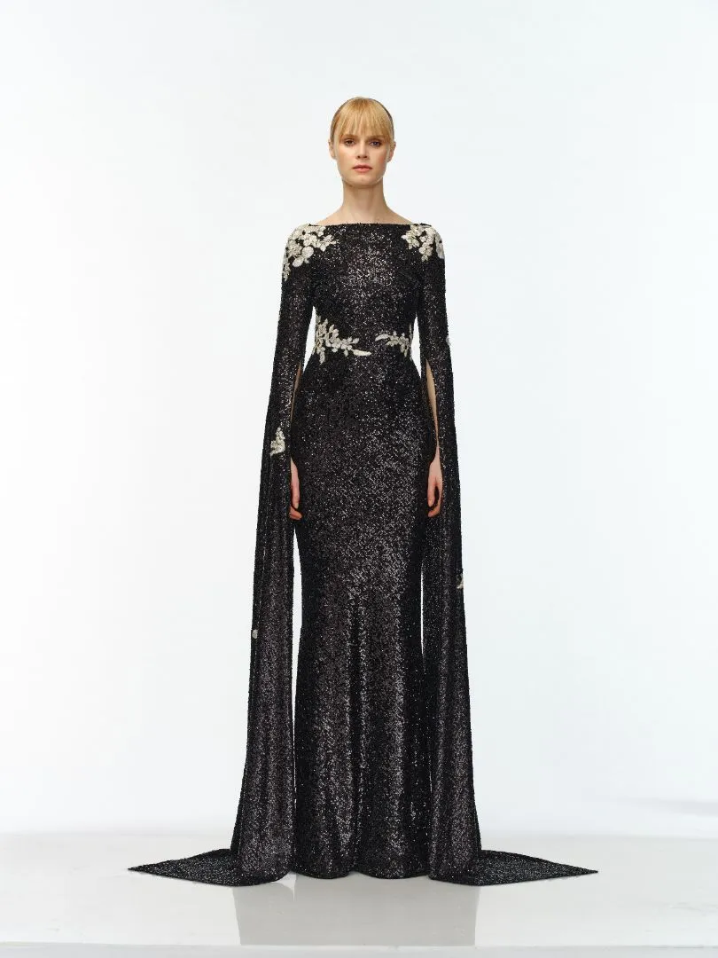 FLORAL APPLIQUE STRETCH SEQUIN CASCADING SLEEVE GOWN