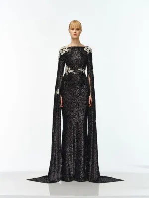 FLORAL APPLIQUE STRETCH SEQUIN CASCADING SLEEVE GOWN