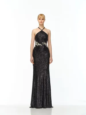 FLORAL APPLIQUE STRETCH SEQUIN HALTER GOWN