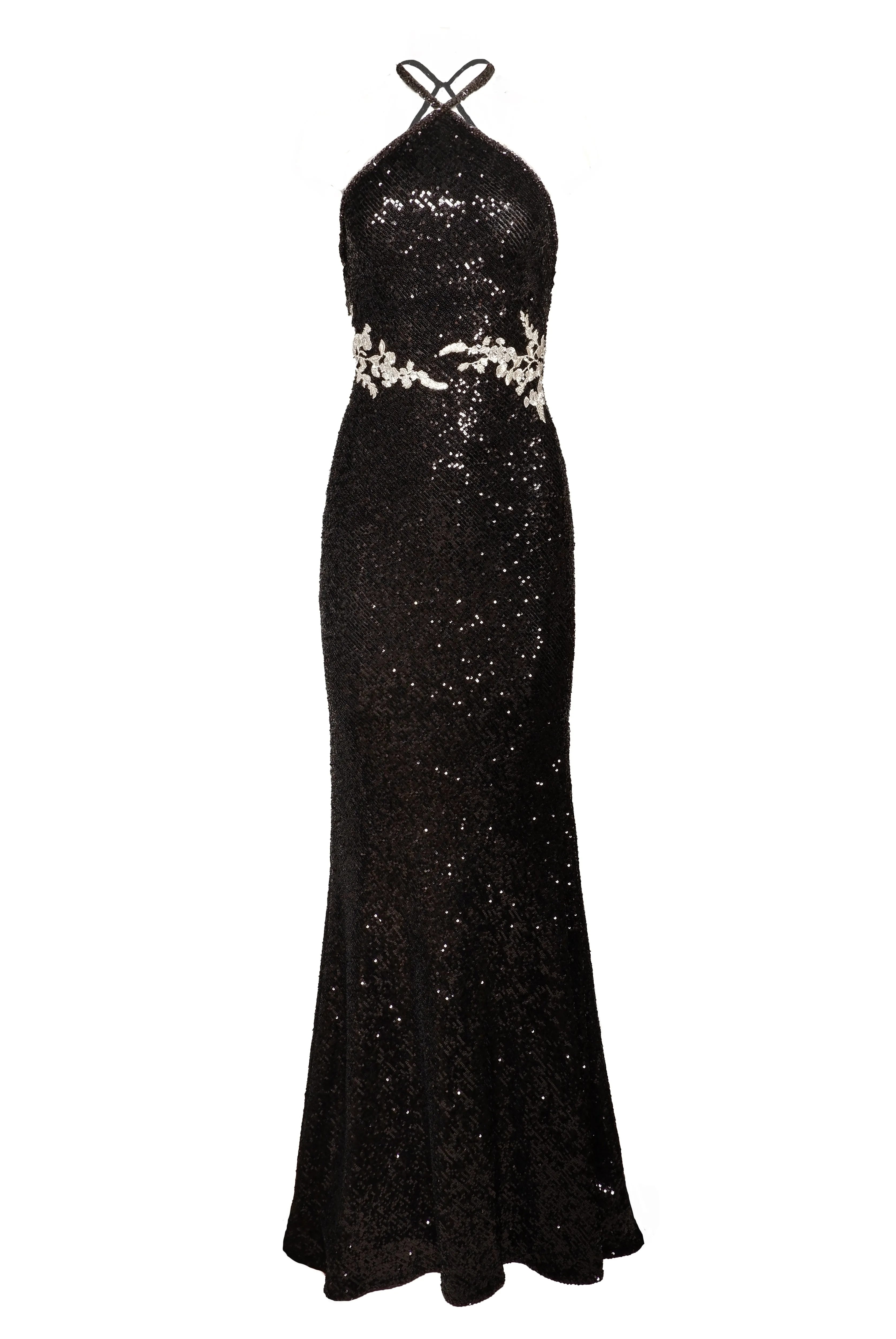 FLORAL APPLIQUE STRETCH SEQUIN HALTER GOWN