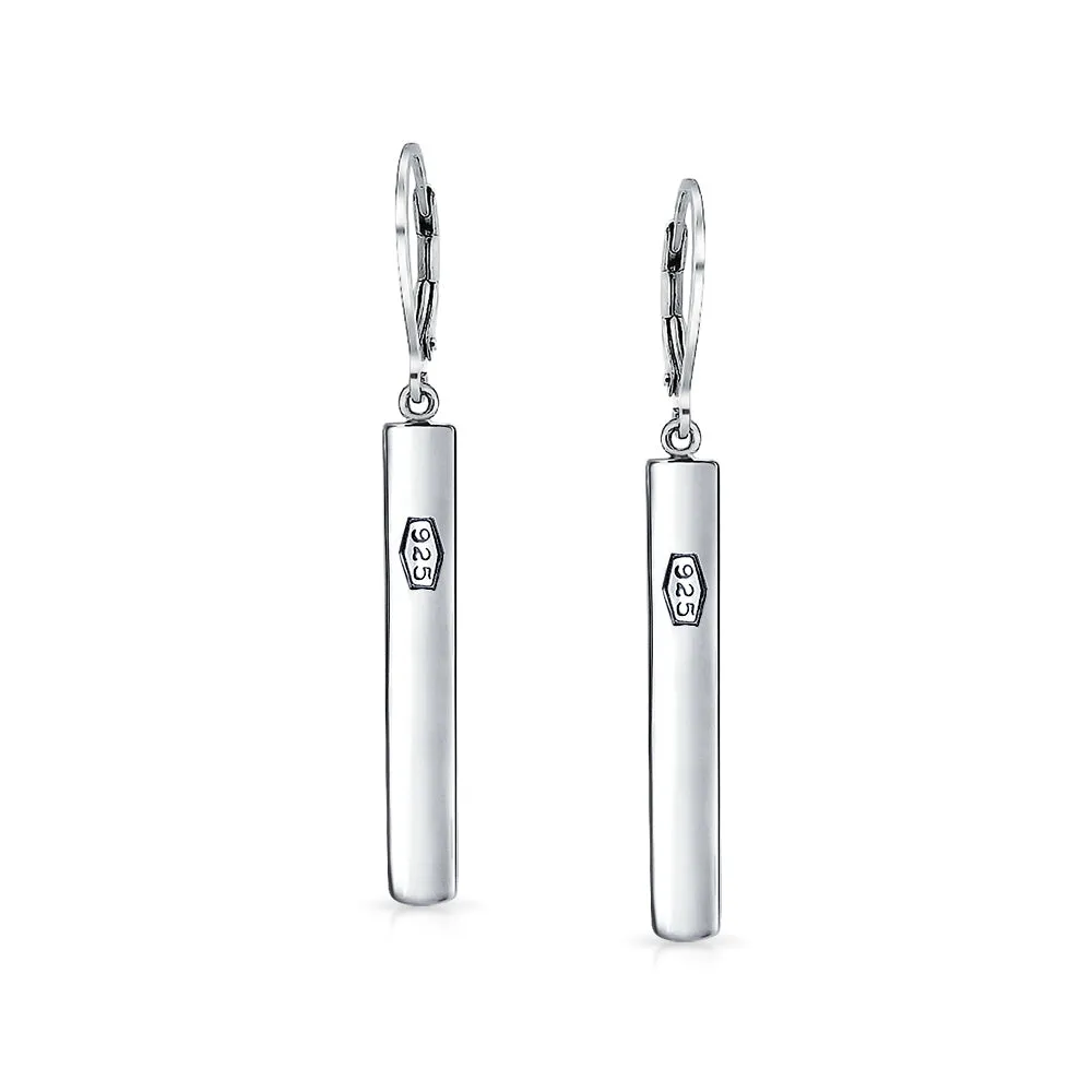 Geometric Bar Feather Lever back Drop Earrings .925 Sterling Silver