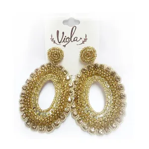 Gold Sequin Beaded Oval Earrings - Post