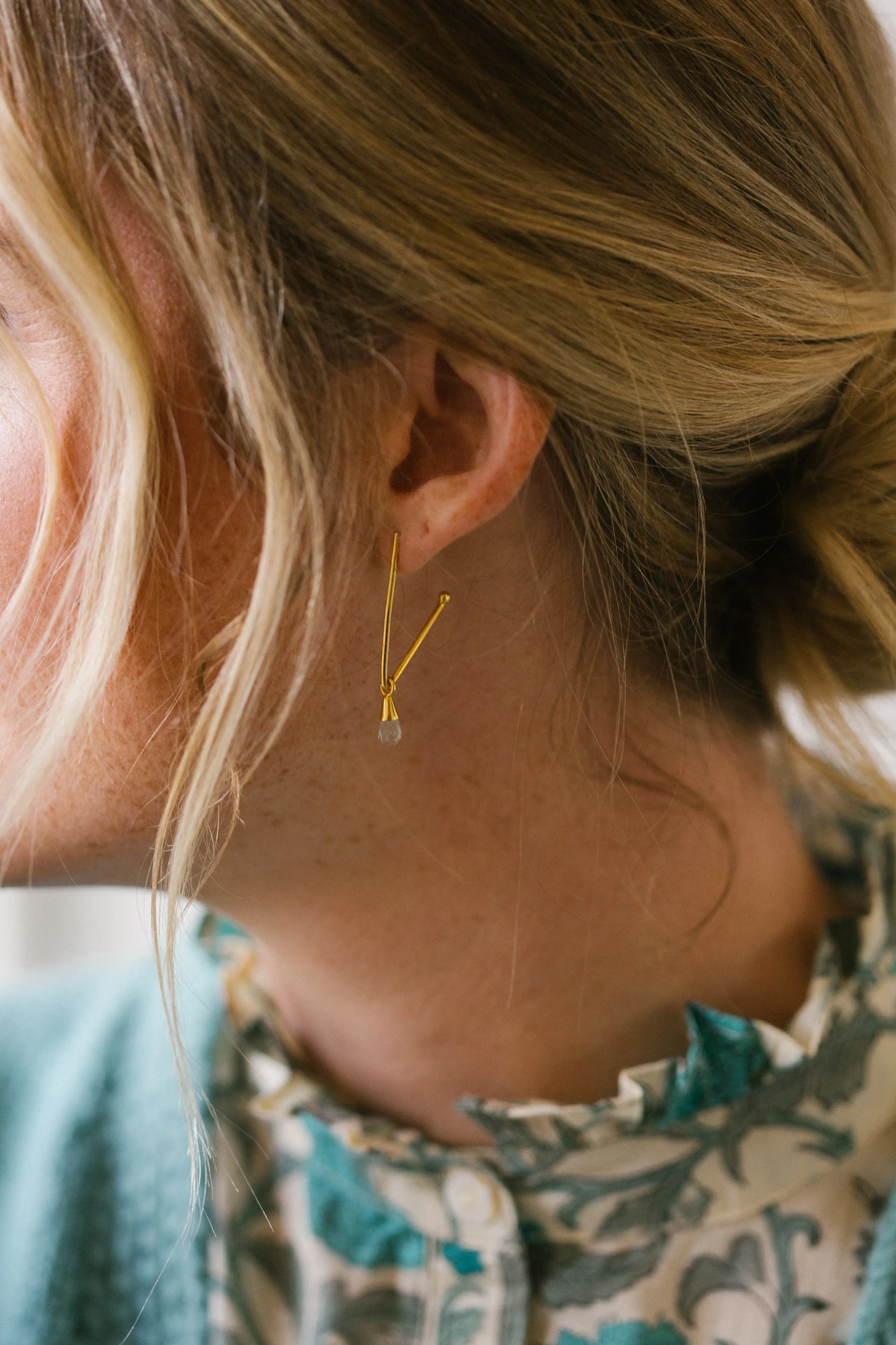 Gold Vermeil V shape Earrings in Aqua Marine