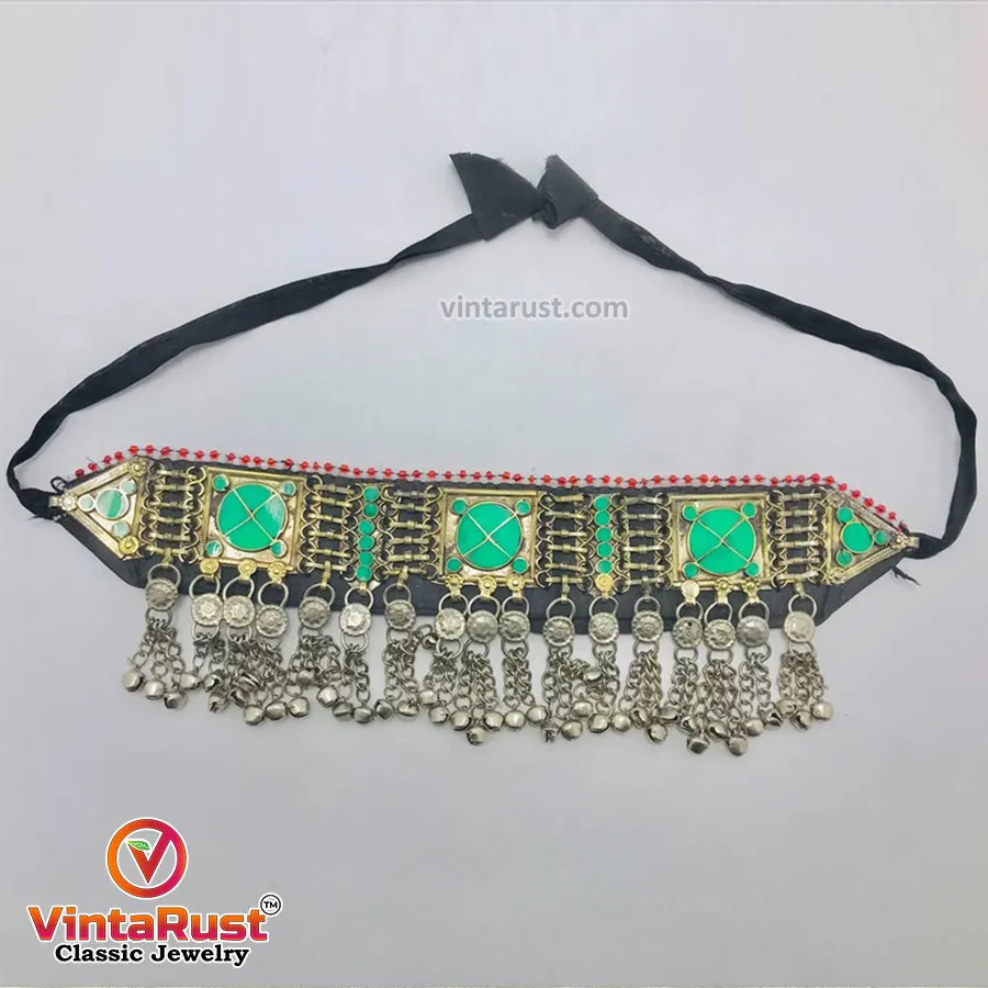 Green Trendy Choker Necklace With Dangling Silver Bells