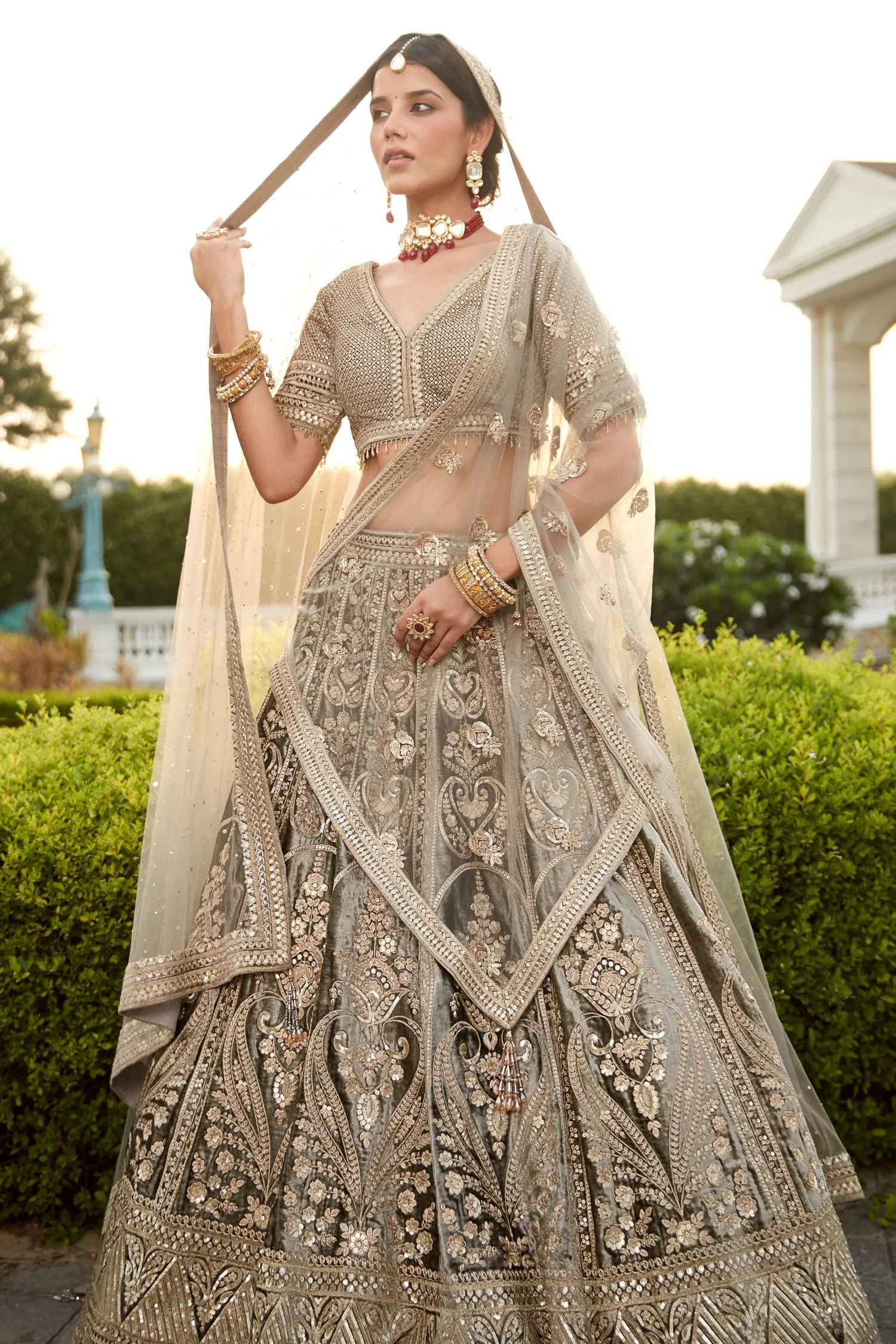 Grey Bridal Velvet Lehenga Set (D277)