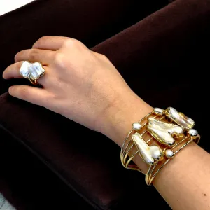 Handmade Gold-Plated Chunky Mother of Pearl Cuff Bracelet and Ring Set | Bohemian Bold Statement Gemstone Jewelry | Natural Stone Bracelet & Ring