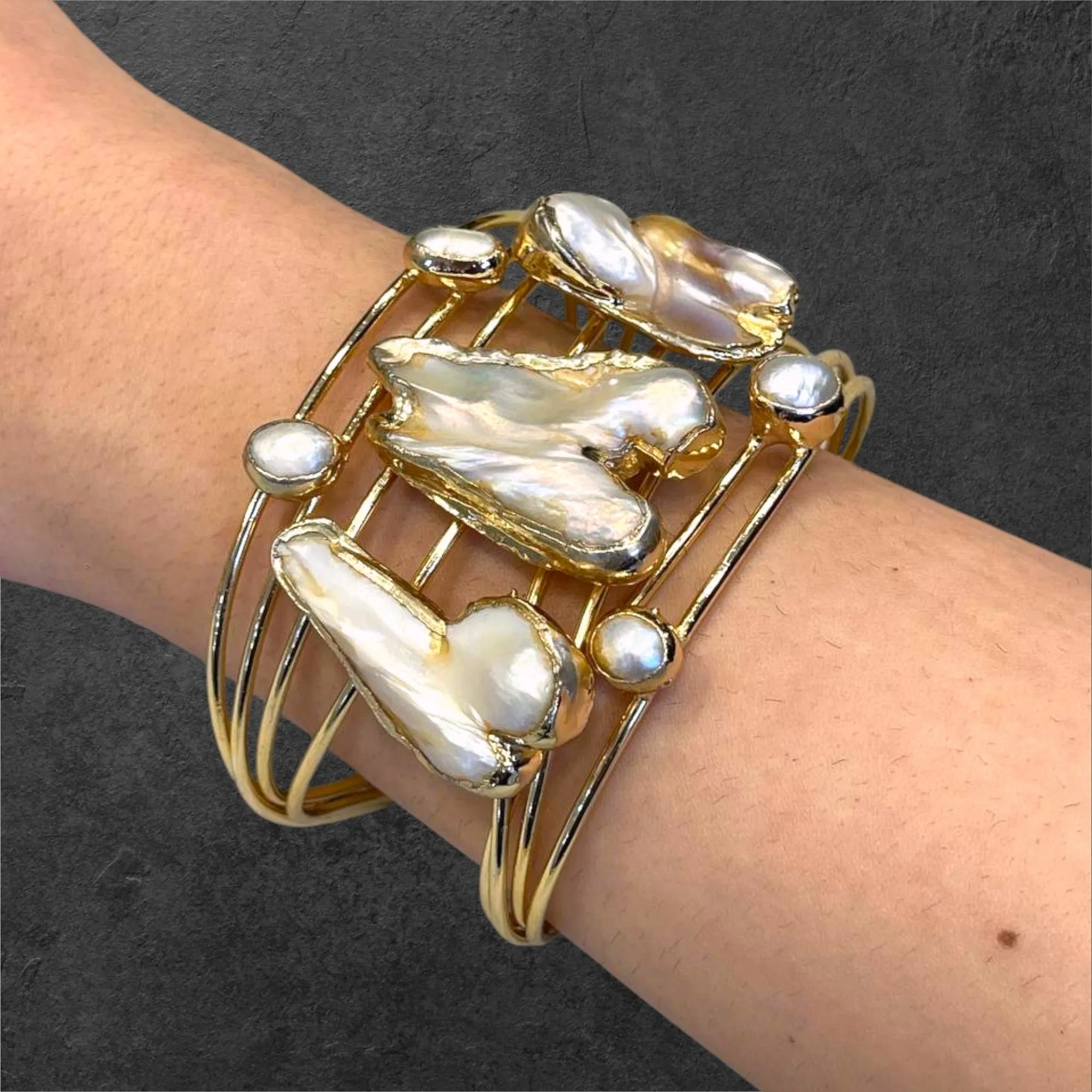 Handmade Gold-Plated Chunky Mother of Pearl Cuff Bracelet and Ring Set | Bohemian Bold Statement Gemstone Jewelry | Natural Stone Bracelet & Ring