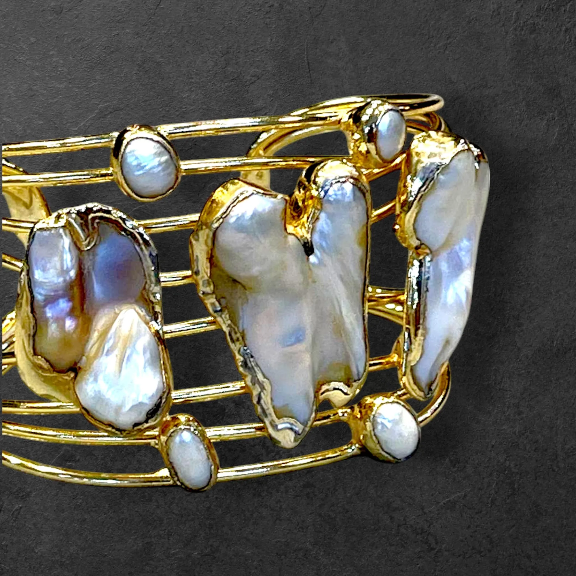 Handmade Gold-Plated Chunky Mother of Pearl Cuff Bracelet and Ring Set | Bohemian Bold Statement Gemstone Jewelry | Natural Stone Bracelet & Ring