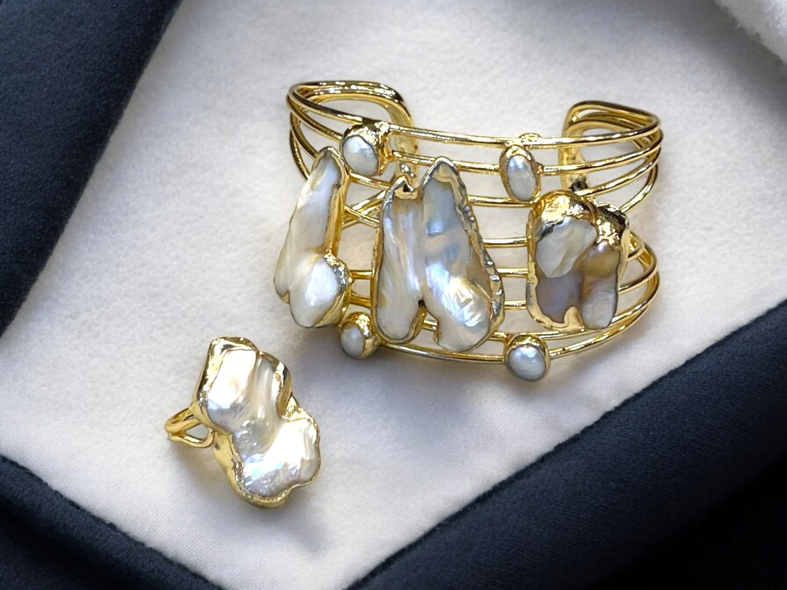 Handmade Gold-Plated Chunky Mother of Pearl Cuff Bracelet and Ring Set | Bohemian Bold Statement Gemstone Jewelry | Natural Stone Bracelet & Ring