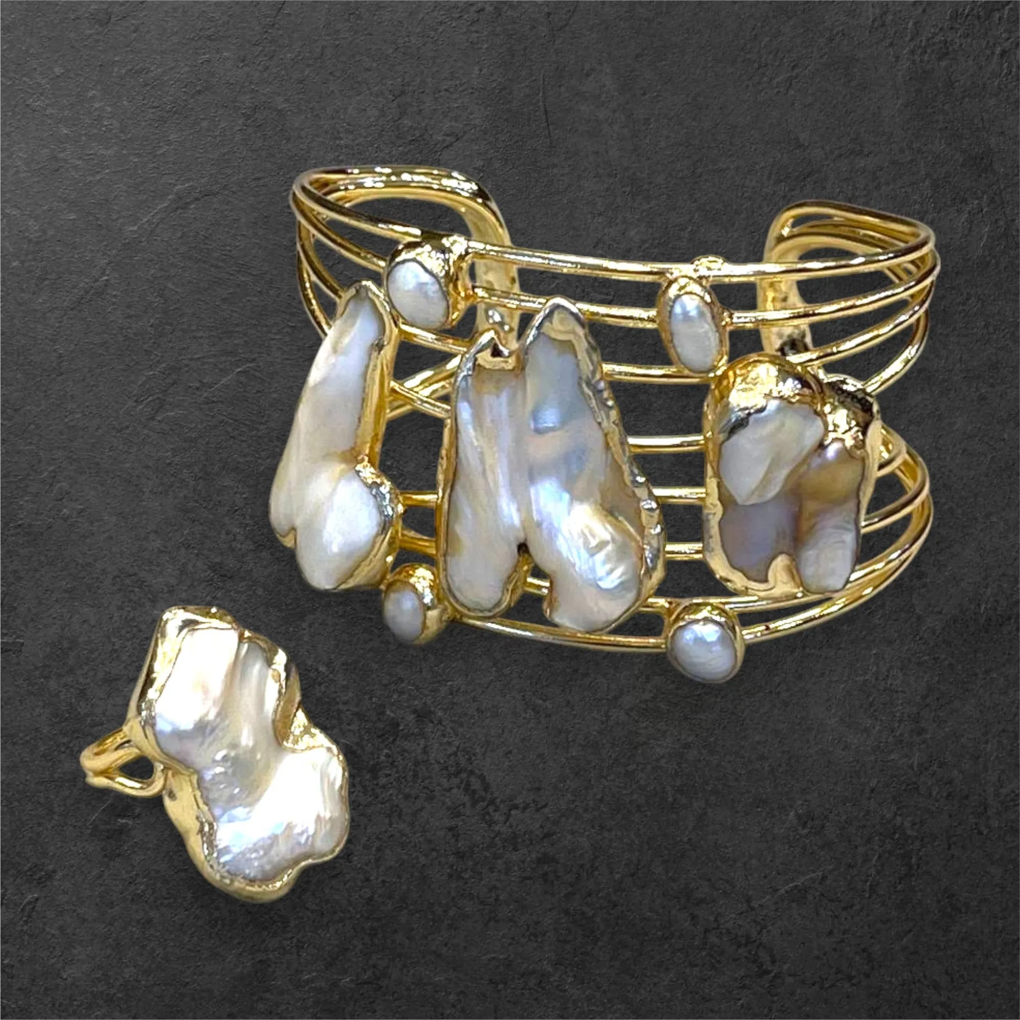 Handmade Gold-Plated Chunky Mother of Pearl Cuff Bracelet and Ring Set | Bohemian Bold Statement Gemstone Jewelry | Natural Stone Bracelet & Ring