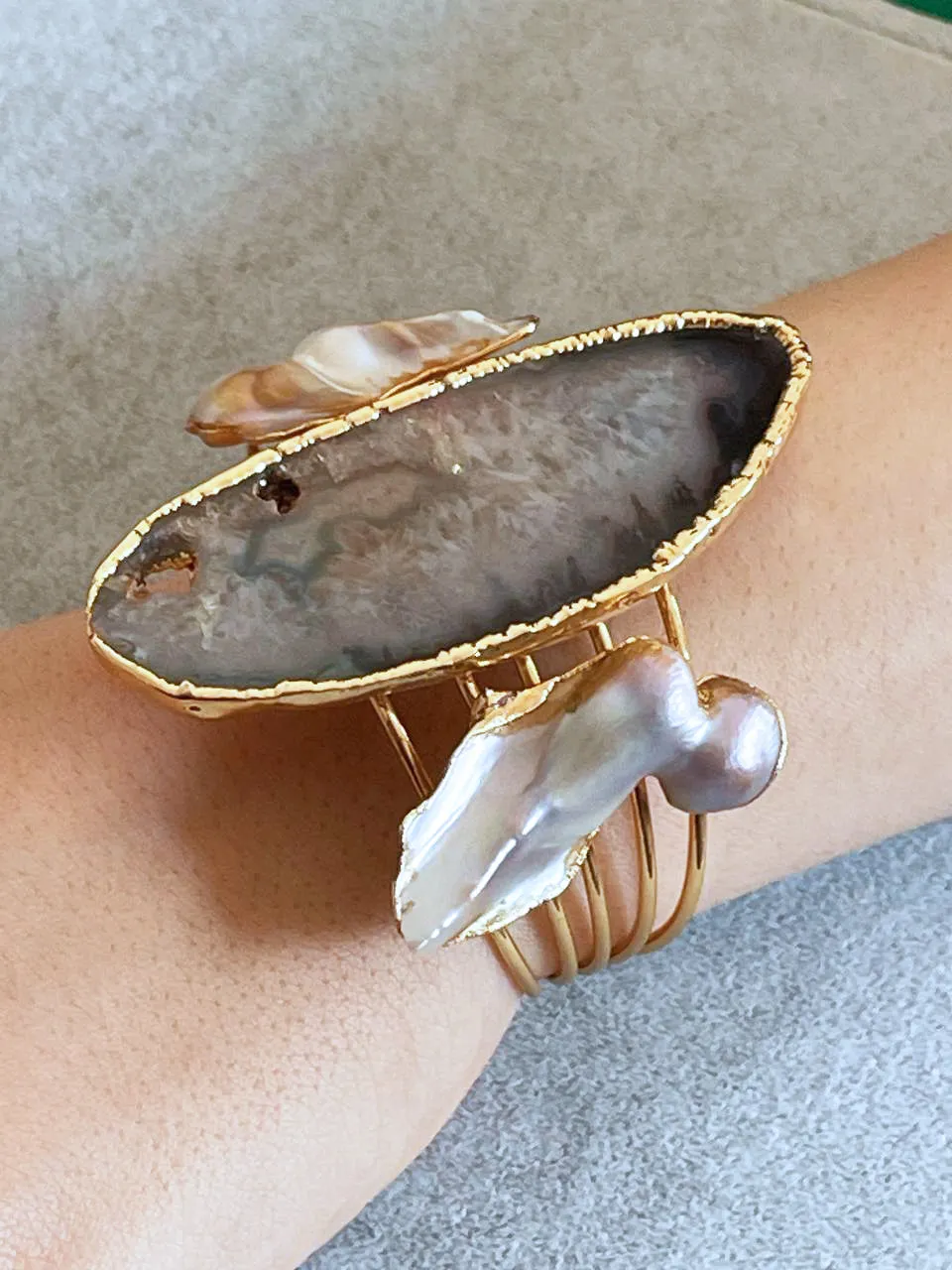 Handmade Gold-Plated Chunky Raw Agate & Pearl Cuff Bracelet and Ring Set | Bohemian Bold Statement Gemstone Jewelry | Natural Stone Bracelet & Ring