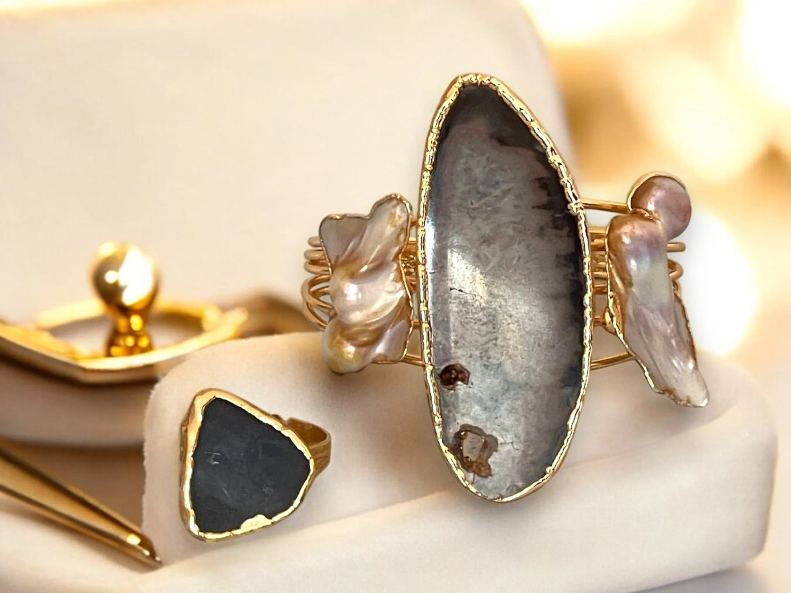 Handmade Gold-Plated Chunky Raw Agate & Pearl Cuff Bracelet and Ring Set | Bohemian Bold Statement Gemstone Jewelry | Natural Stone Bracelet & Ring