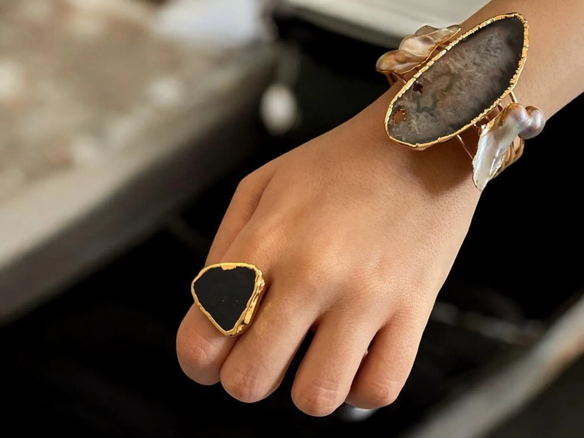 Handmade Gold-Plated Chunky Raw Agate & Pearl Cuff Bracelet and Ring Set | Bohemian Bold Statement Gemstone Jewelry | Natural Stone Bracelet & Ring