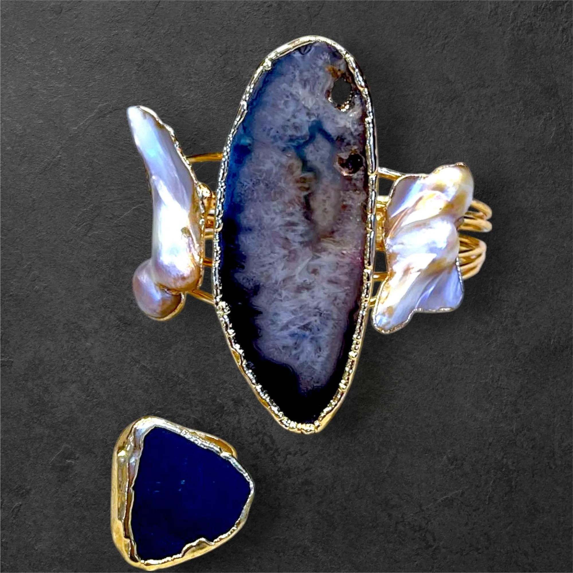 Handmade Gold-Plated Chunky Raw Agate & Pearl Cuff Bracelet and Ring Set | Bohemian Bold Statement Gemstone Jewelry | Natural Stone Bracelet & Ring
