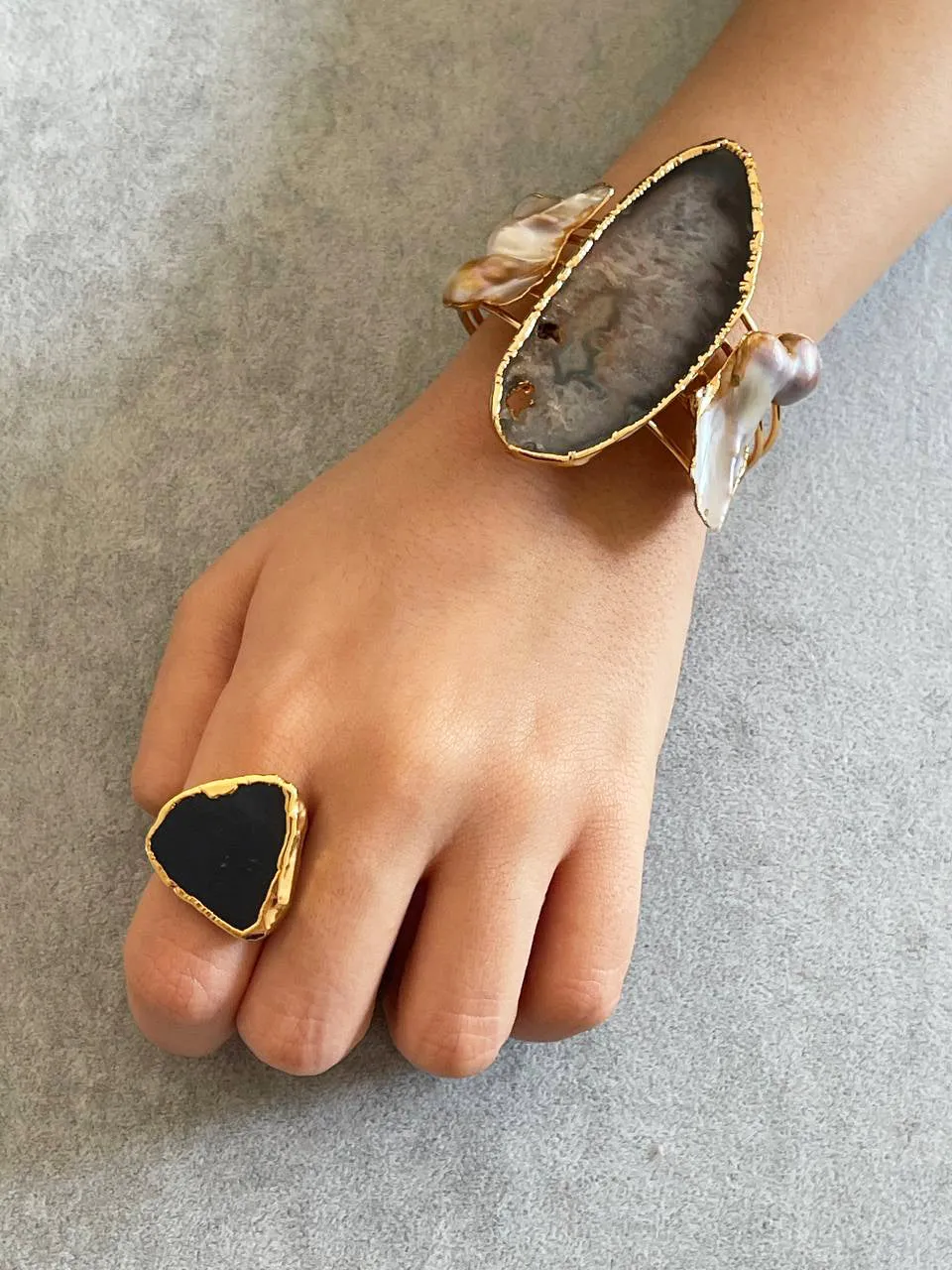 Handmade Gold-Plated Chunky Raw Agate & Pearl Cuff Bracelet and Ring Set | Bohemian Bold Statement Gemstone Jewelry | Natural Stone Bracelet & Ring