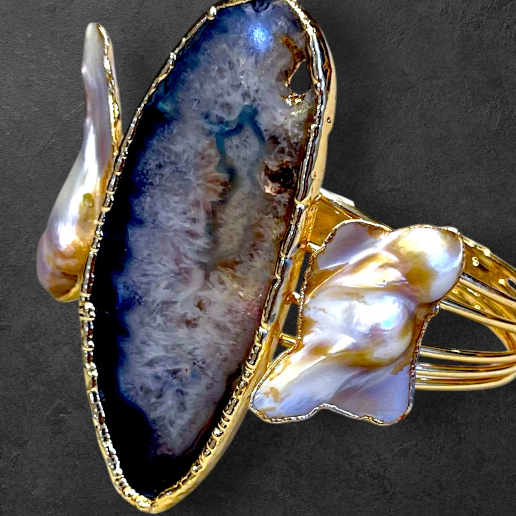 Handmade Gold-Plated Chunky Raw Agate & Pearl Cuff Bracelet and Ring Set | Bohemian Bold Statement Gemstone Jewelry | Natural Stone Bracelet & Ring