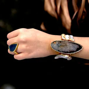 Handmade Gold-Plated Chunky Raw Agate & Pearl Cuff Bracelet and Ring Set | Bohemian Bold Statement Gemstone Jewelry | Natural Stone Bracelet & Ring