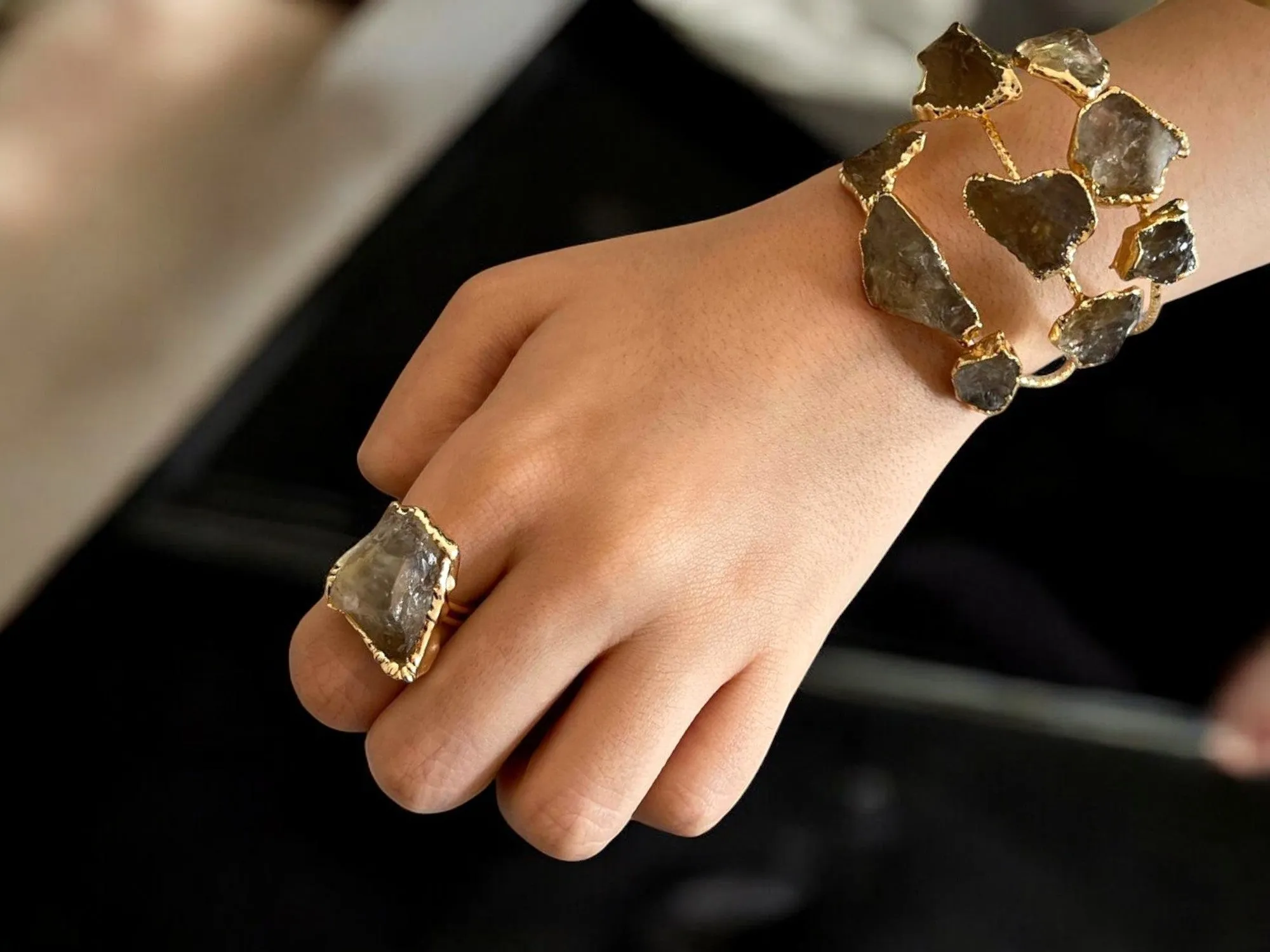 Handmade Gold-Plated Chunky Raw Agate Cuff Bracelet and Ring Set | Bohemian Bold Statement Gemstone Jewelry | Natural Stone Bracelet & Ring