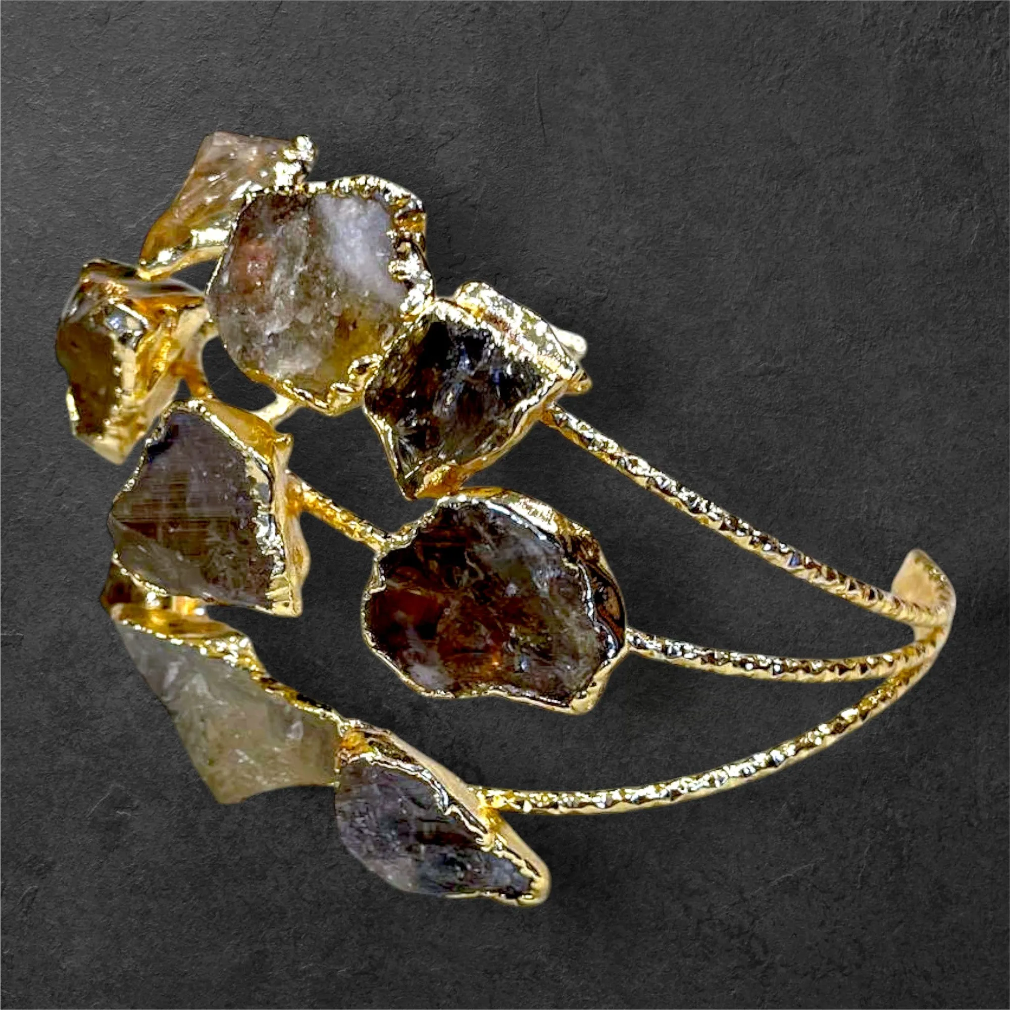Handmade Gold-Plated Chunky Raw Agate Cuff Bracelet and Ring Set | Bohemian Bold Statement Gemstone Jewelry | Natural Stone Bracelet & Ring