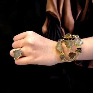 Handmade Gold-Plated Chunky Raw Agate Cuff Bracelet and Ring Set | Bohemian Bold Statement Gemstone Jewelry | Natural Stone Bracelet & Ring