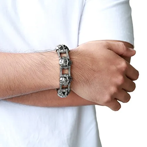 Heavy and Sturdy Bike Chain Skull Bracelet for Men, Stainless Steel in Silver Color, High Polished and Large, Perfect for Casual Wear or Biker-Themed Events
