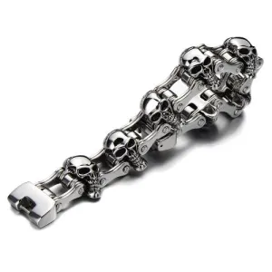 Heavy and Sturdy Bike Chain Skull Bracelet for Men, Stainless Steel in Silver Color, High Polished and Large, Perfect for Casual Wear or Biker-Themed Events
