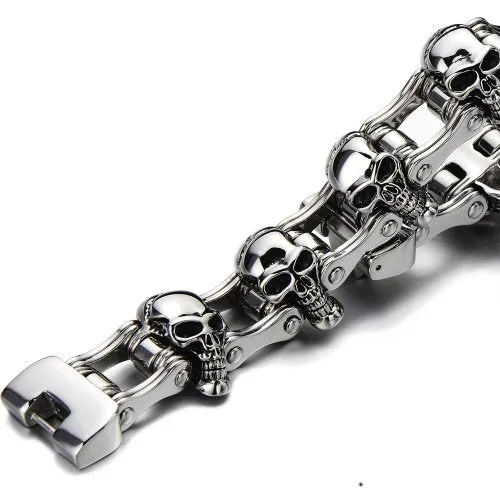 Heavy and Sturdy Bike Chain Skull Bracelet for Men, Stainless Steel in Silver Color, High Polished and Large, Perfect for Casual Wear or Biker-Themed Events